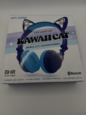 LED Light Up Kawaii Cat Bluetooth/Wired Headphones, Kids Over Ear Headset, Blue