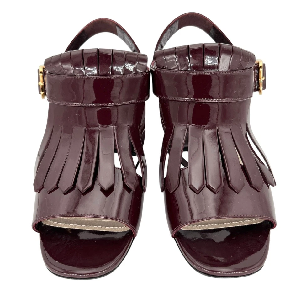 PRADA Patent Leather Fringe Trim Kiltie Buckle Sandals EU 39.5 US 9.5 Block Heel - Image 2 of 4