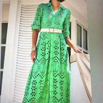 green eyelet midi dress Green Monstera Corset Eyelet Maxi Dress main image 1
