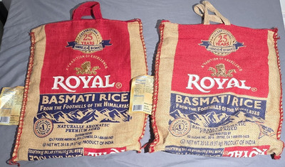 Royal Basmati Rice Jute Feed Sacks Set of 2 Red Blue Beige Advertising Textile