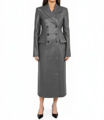 LUXURY New Women's Full Length Gray Leather Coat Ankle Length Trench Coat