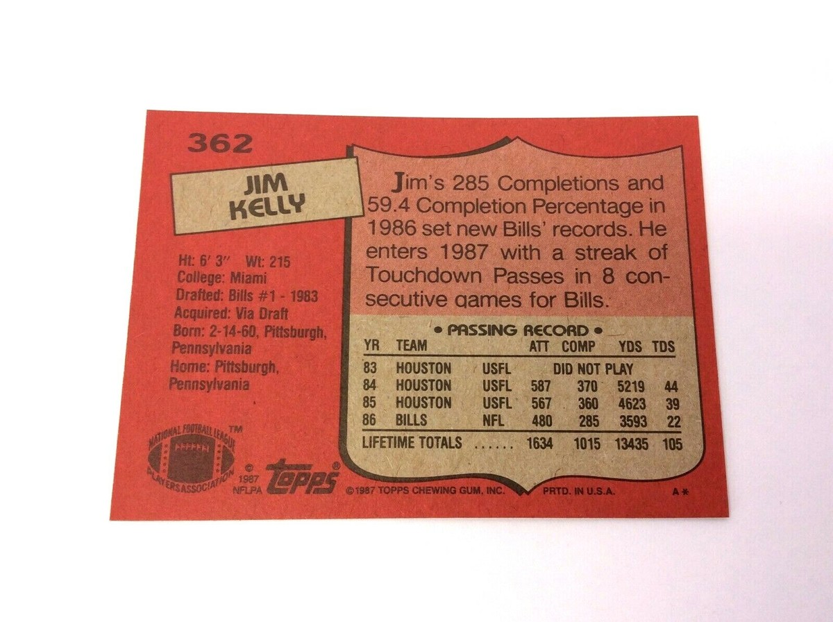 1987 Topps Jim Kelly 362 Buffalo Bills Rookie Football Card 1987 Topps Jim Kelly 362 Buffalo Bills Rookie Football Card