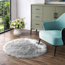 Fluffy Grey Round Area Rug 5Ft Faux Sheepskin for Living Room  Bedroom