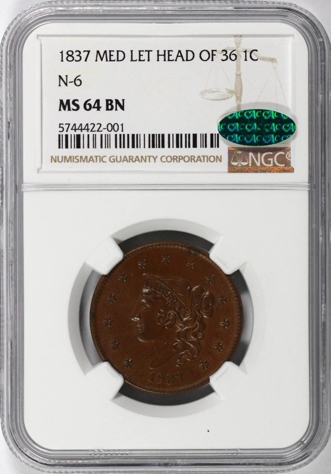 1837 1c N-6 Medium Letters Head of 36 Matron Head Large Cent NGC and CAC MS 64 - Image 3 of 4