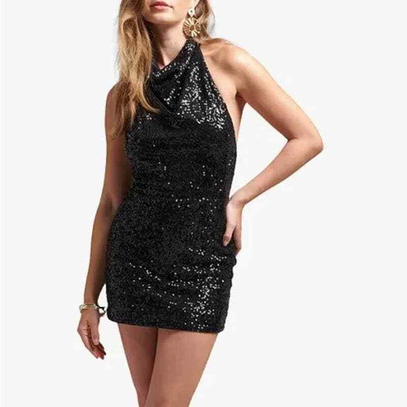 Gianni Bini Jada Sequin Halter Neck Sleeveless Black Mini Swing Dress Size  4 NWT