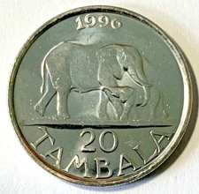 1996 Malawi 20 tambala Coin Elephant Cow with Baby Calf Animal Africa Wildlife
