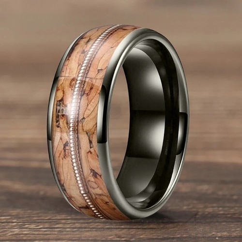 6/8MM Men Women Tungsten Carbide Ring Band Inlaid Brown Wood Guitar String Ring - Picture 10 of 10