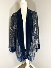 Ethos Jacket Kimono Opera Coat Burnout Velvet Beaded Paisley Floral Blue Small