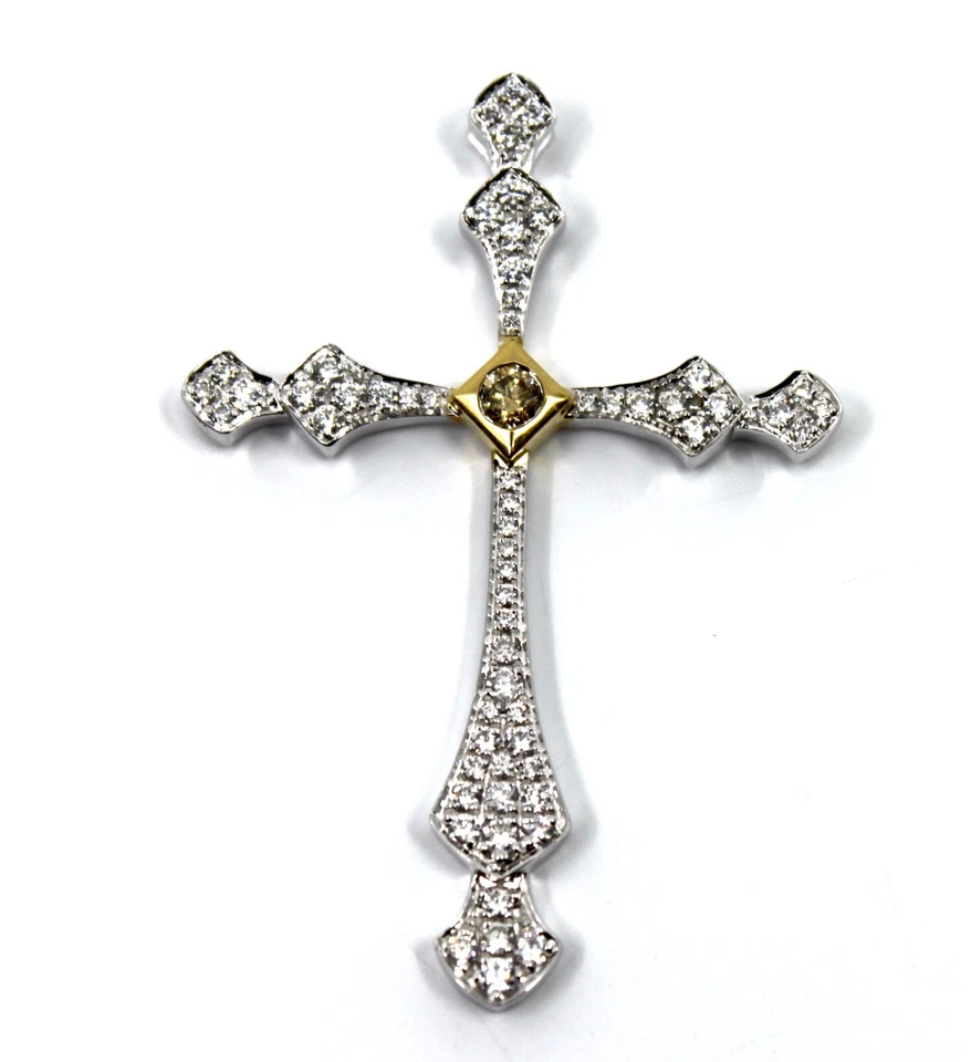 Diamond Cross Pendant 18k Solid White & Yellow Gold 0.60 Tcw 1.75"inch - Image 2 of 4