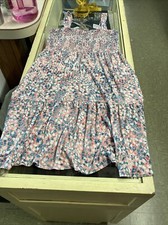 loft pink and teal floral tank dress shirred top womens medium (A)