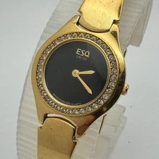 ESQ Movado Swiss Quartz Watch 100564 Gold Tone Black Analog New Battery 6.25"