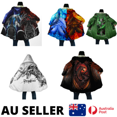 Sherpa Lined Mens Unisex Dragon GoT Printed Jacket Hooded Cloak - AU Stock