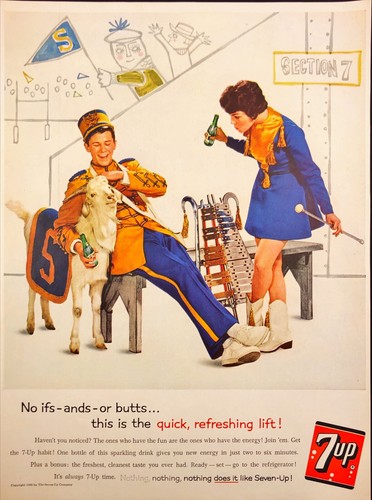1960 7-Up Beverage Print Ad Young Couple College Band Goat Mascot