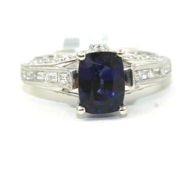 Emerald Cut Blue Sapphire & Diamond Halo Solitaire Ring 14k White Gold 2.51Ct