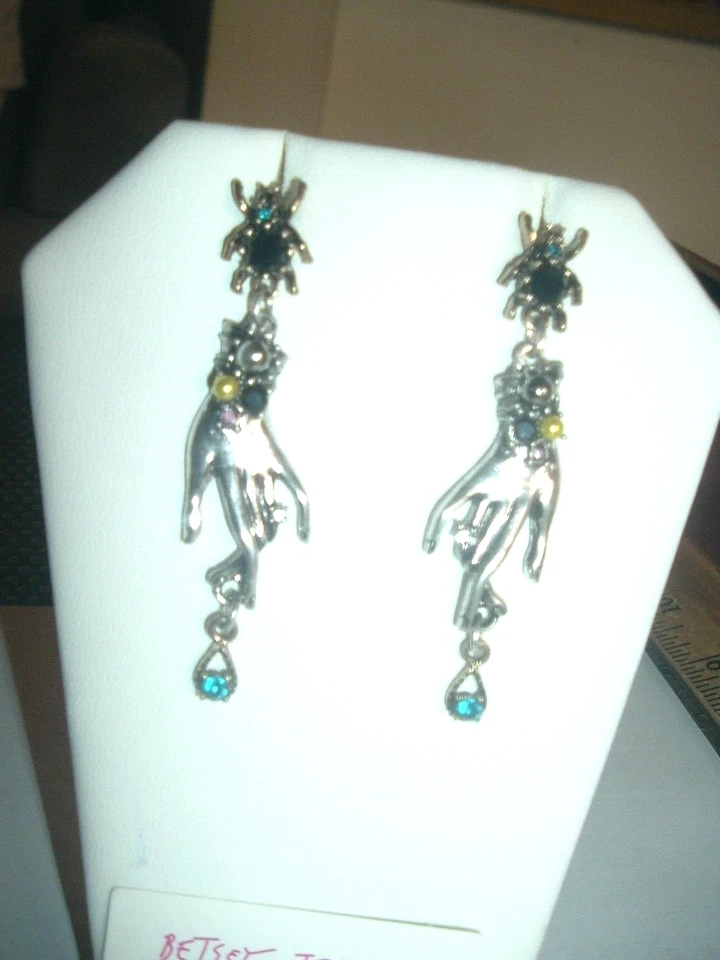 Silver Pearl + Crystal + Bug Dangling Hand Betsey Johnson Pierced Earrings-NWT - Image 2 of 4