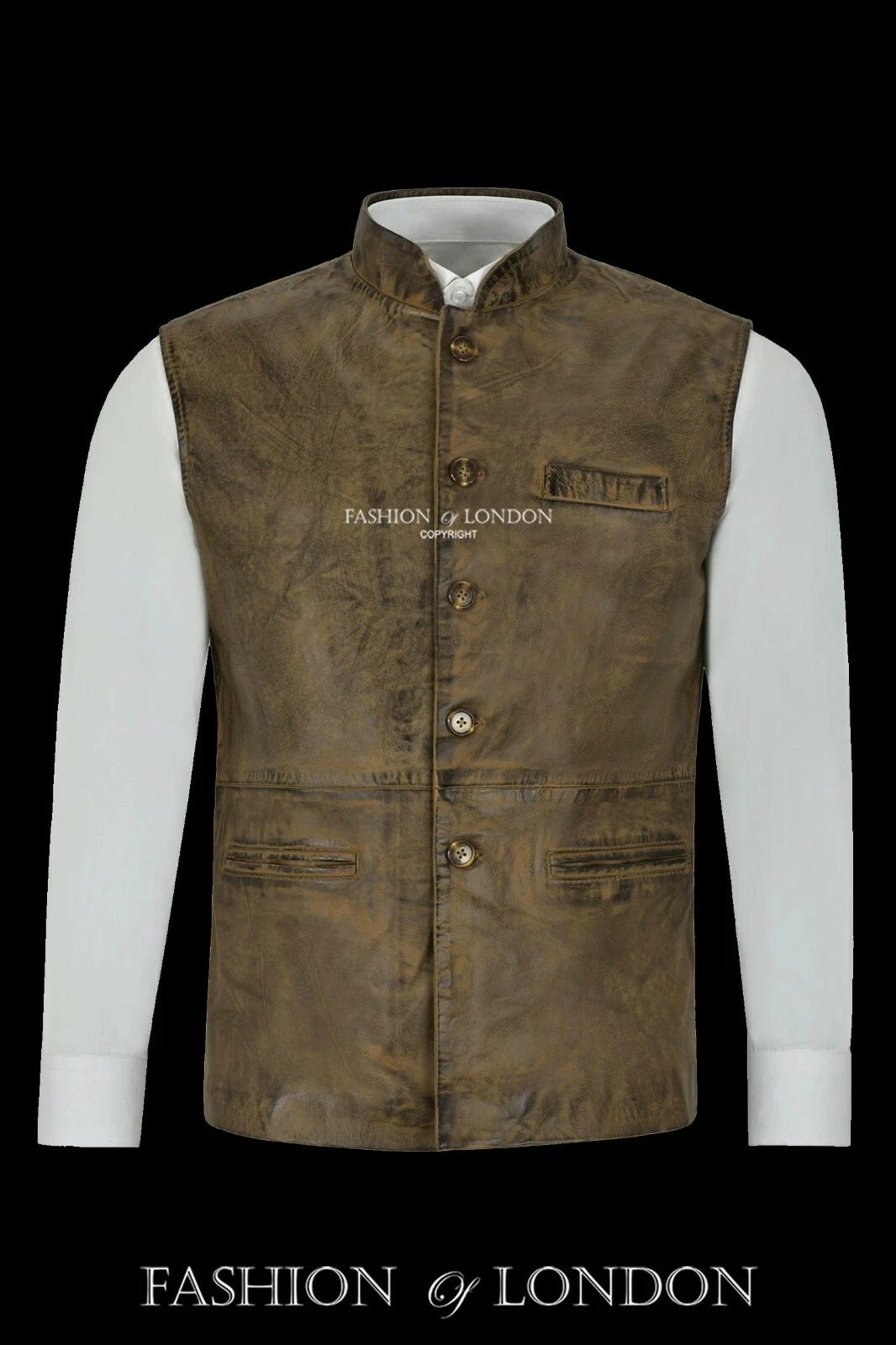 Men's Real Leather Waistcoat Mandarin Collar Dirty Brown Indian Ethnic Vest 3946