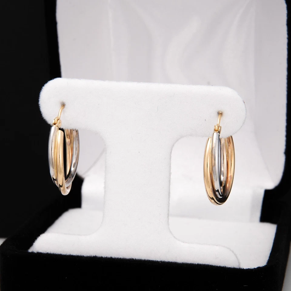 Pendientes de aro retorcidos de oro de dos tonos de 14K aro redondo de oro pulido amarillo y blanco Foto 2 de 4