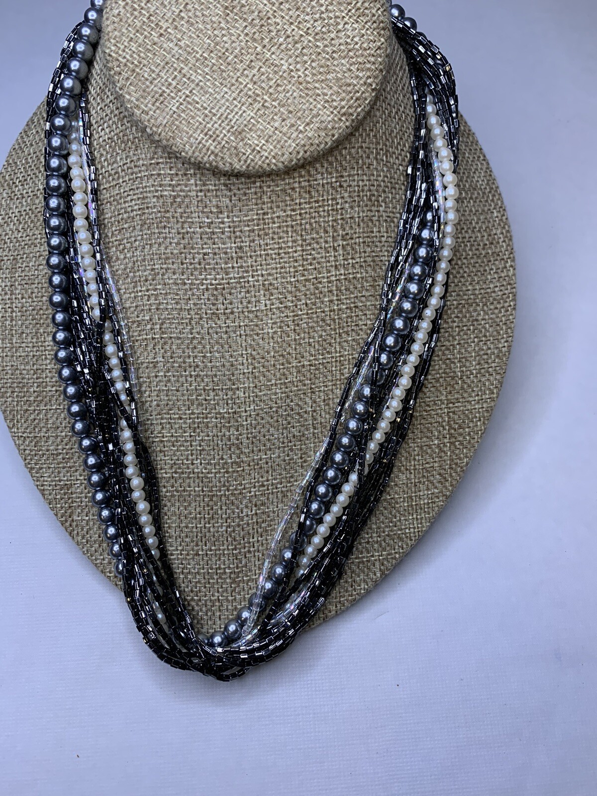 Multi layered beaded necklace simulated gray and … - image 1
