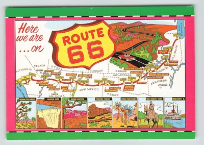 Postcard 4x6 Route 66 Here We Are ON Map Towns Points of Interest Multiple View