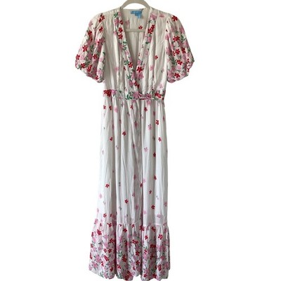 Draper James RSVP White Floral Maxi Dress Pink Red V-Neck Puff Sleeve XS