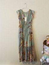 Lucky & Coco Romantic Maxi Dress Floral Sage Green Fairy Ruffles Side Pockets