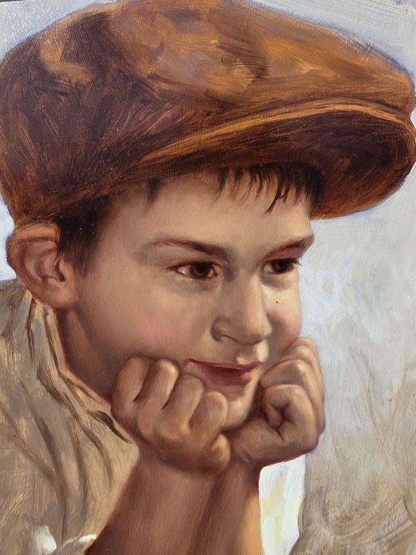 Oregon Listed Jim Daly born 1940 Child Boy "Sweet Thought" original Oil Painting