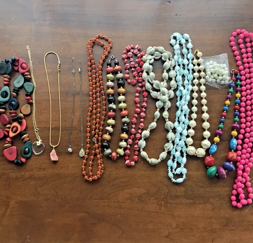 Vintage Retro Colorful Costume Jewelry Lot 14 Necklaces Chunky Beaded Faux Pearl