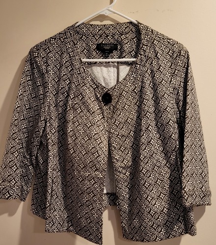 Women's Blazer 16P Talbots Brown Cream Collarless 3/4 Sleeves Stretch Denim