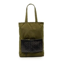 Bottega Veneta Intrecciato Foldable Tote Bag Black Khaki Nylon Leather