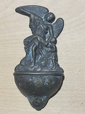 Acquasantiera antica da muro angelo custode con bambino -ottone patinato h 18 cm
