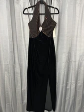VTG Aspeed Design Velvet Maxi Slit Dress Womens L Black Bronze Halter Romantic