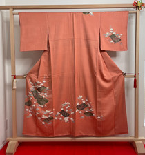 Authentic Japanese Silk Homongi Kimono Orange Floral Bird Wall Art Decor Luxury