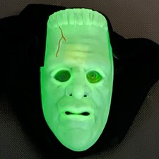 Vintage Frankenstein Glow in the Dark Mask Light-Up Eyes Black Hood Halloween