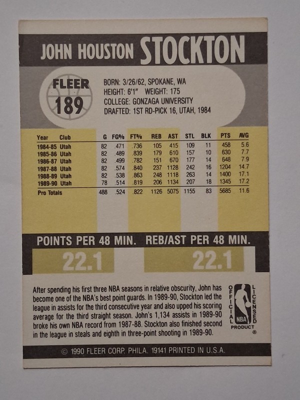 Fleer 1990 Base Set - John Stockton #189 Utah Jazz NBA Basketball Card