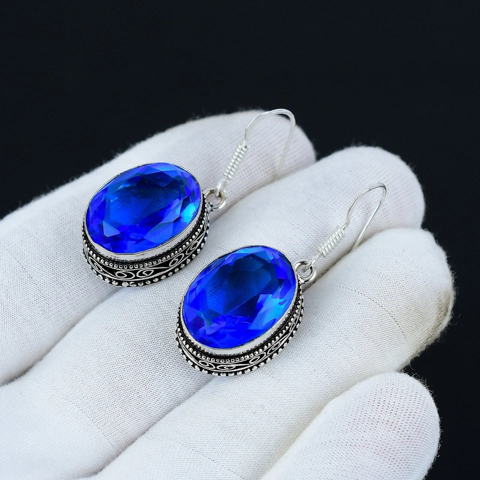 Orecchini In Argento Sterling 925 Fatti A Mano In Topazio Blu Svizzero Per Donne - Immagine 3 di 4