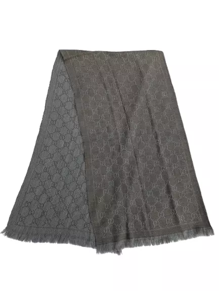 Foulard Gucci vintage logo GG réversible marron/gris 100% laine lana fabriqué en Italie.
