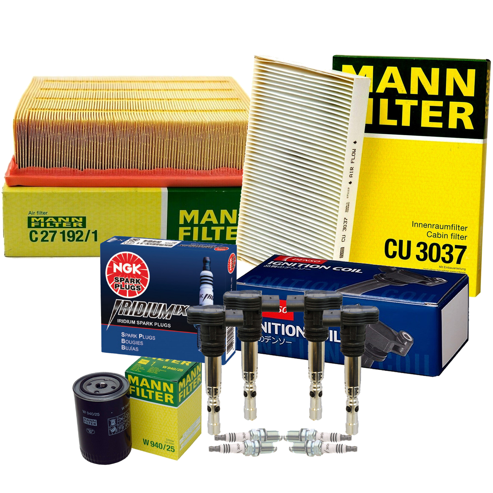 Mann Filters Denso 4 Coils NGK 4 Iridium IX Spark Plugs Tune Up Kit For Audi AMB