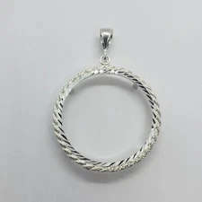Sterling Silver Dollar Coin Rope Bezel 38 mm Coins Prong Back Diamond Cut Shiny