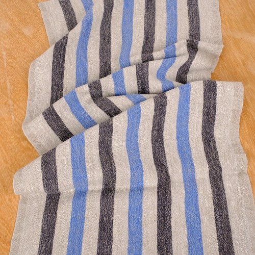 100% linen fabric - heavy - french belgium flax dense - striped natur blue black - Picture 10 of 12