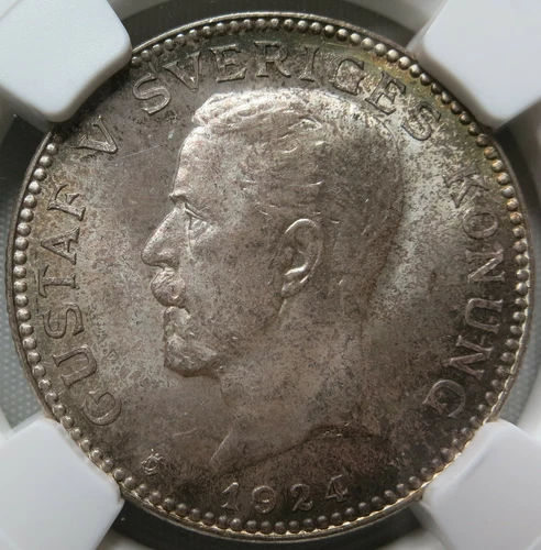 SWEDEN Kingdom 1 krona 1924 W No Dots NGC MS 65 UNC Silver King Gustaf Scarce