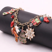 Christmas Bracelet Dangle Crystal Enamel Rhinestone Toggle Clasp with Gold Bag