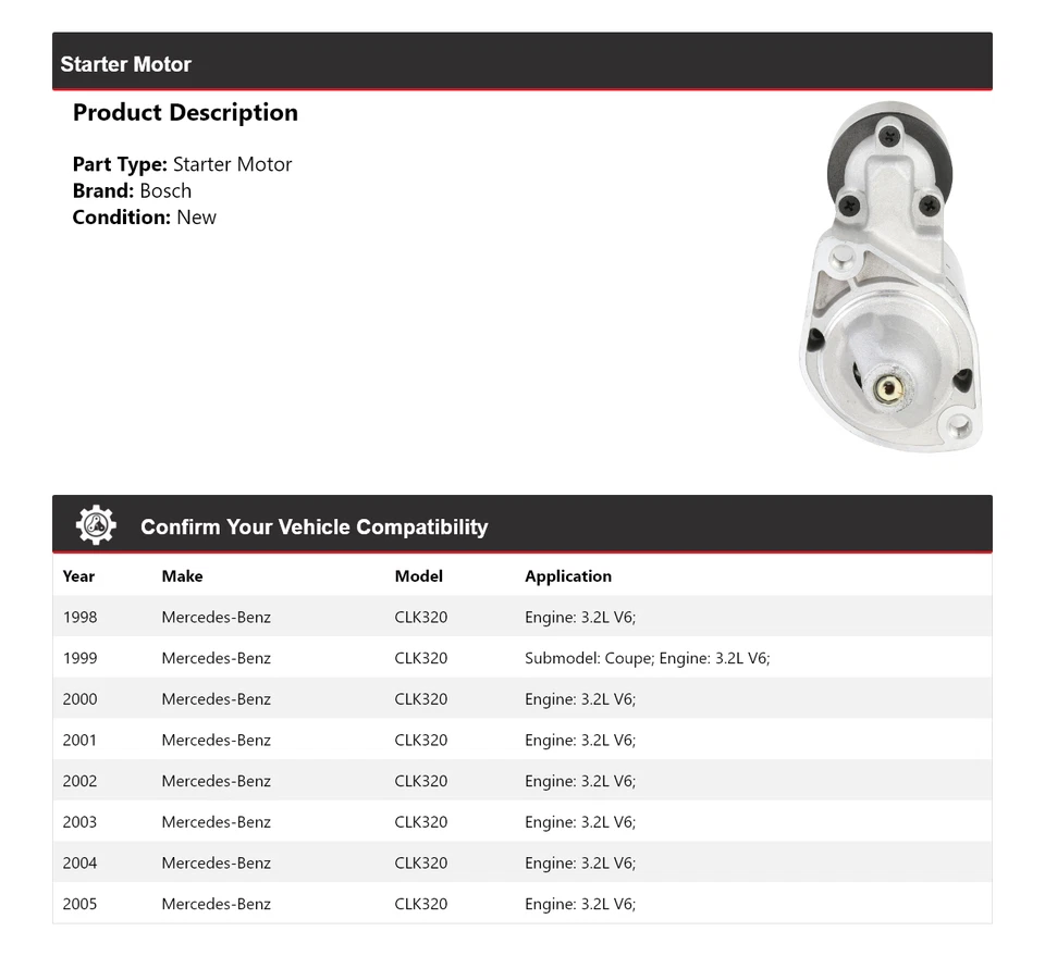 Arranque Bosch V6 3,2 L 1998-2005 Mercedes CLK320 (Nuevo) 1999 2000 2001 2002 Foto 2 de 4