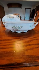 O.P. CO. Syracuse China Covered Serving Vegetable Dish 1 qt Pink & Blue Flowers