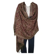 Shawl | Wool + Modal | Paisley Design | Handloomed | Tassels | Dark Red & Sand