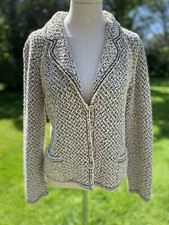 Escada Boucle Wool Knit Jersey Jacket Gold White Beige Thread Sz 38 M L