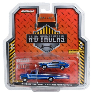1:64 GreenLight *HD TRUCKS 24* Ford Drag Team 1969 F350 Ramp & Mustang *NIP*