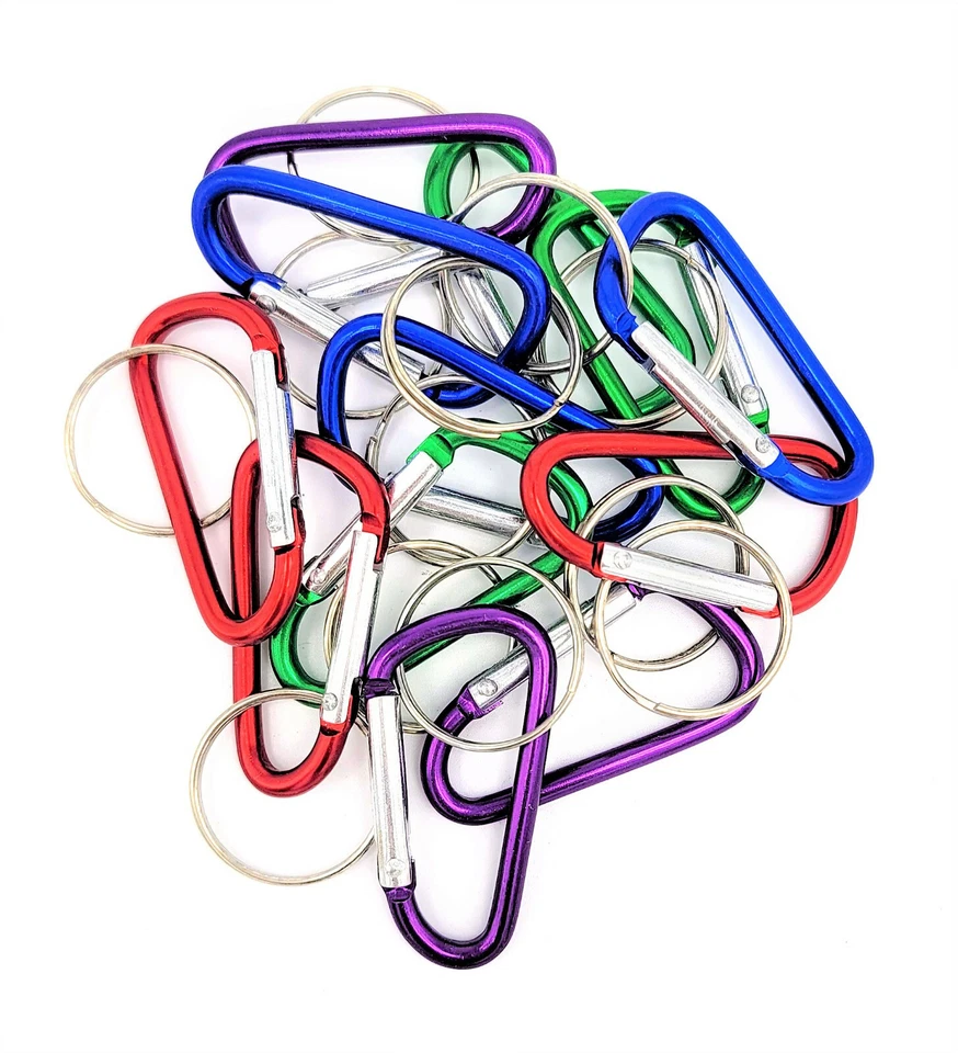 PACK de 12 coloridos mosquetones clips metálicos llaveros - rojo, azul, verde y púrpura Foto 3 de 4