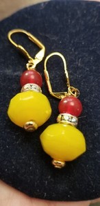 Authentic Vintage Elements of Red an Yellow Glass, Rhines. gold plated shield leverbacks