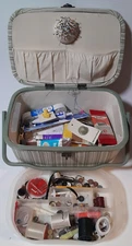Vintage Fabric Covered Sewing Box Basket With Contents