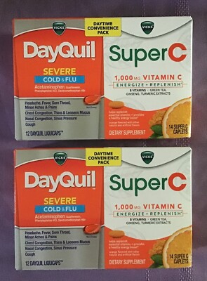 Vicks DayQuil Cold & Flu + Super C Vitamin C Daytime Exp. 07/2025 Lot of 2